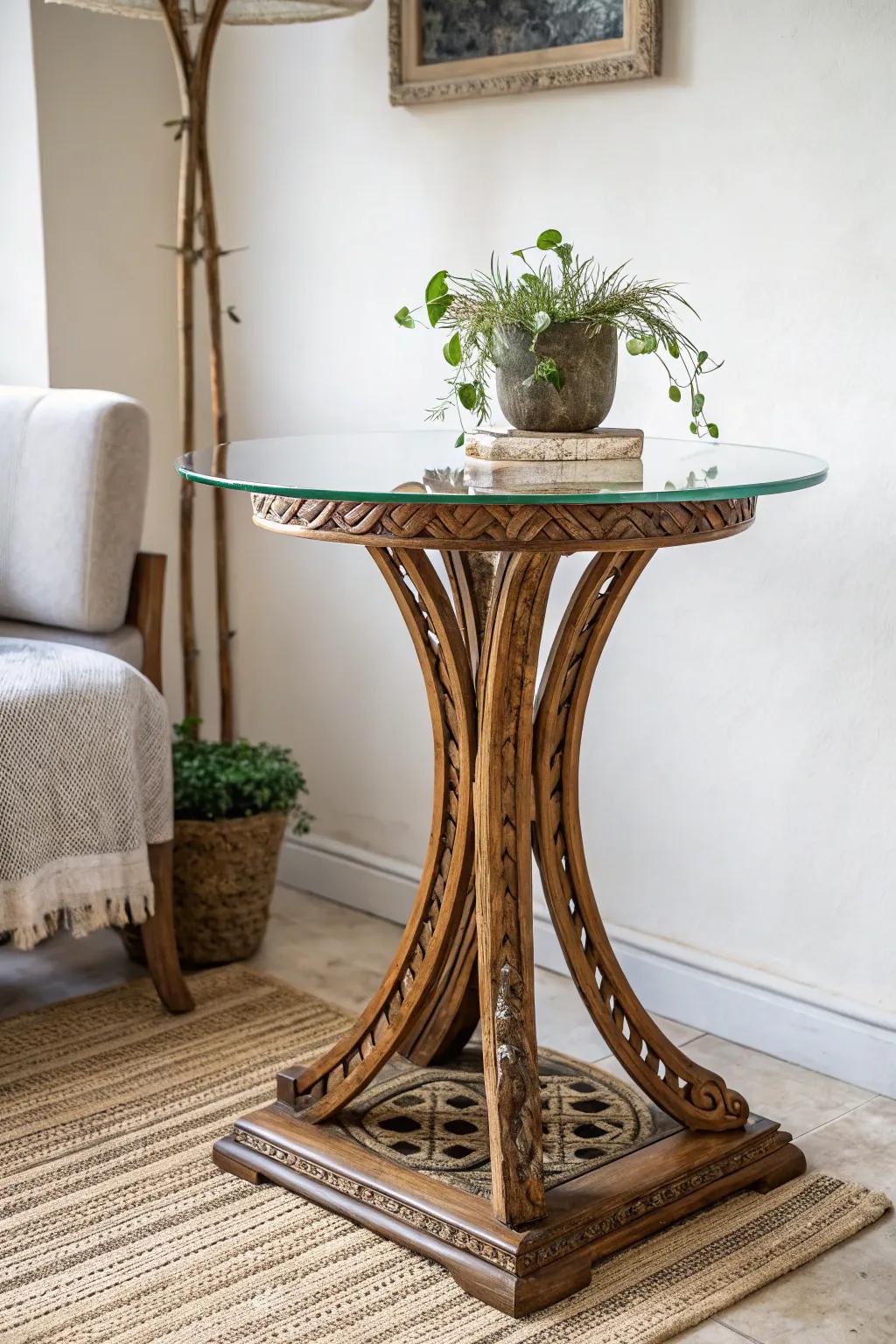 Elevate your space with a chic floating glass top: where antique beauty meets modern minimalism.