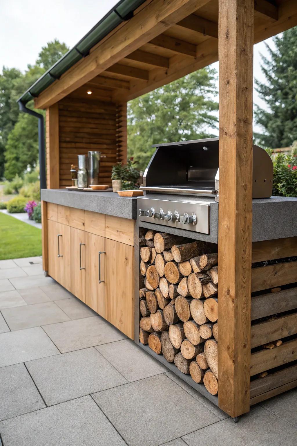 Elevate your grilling game with rustic elegance: built-in firewood storage adds charm and convenience.