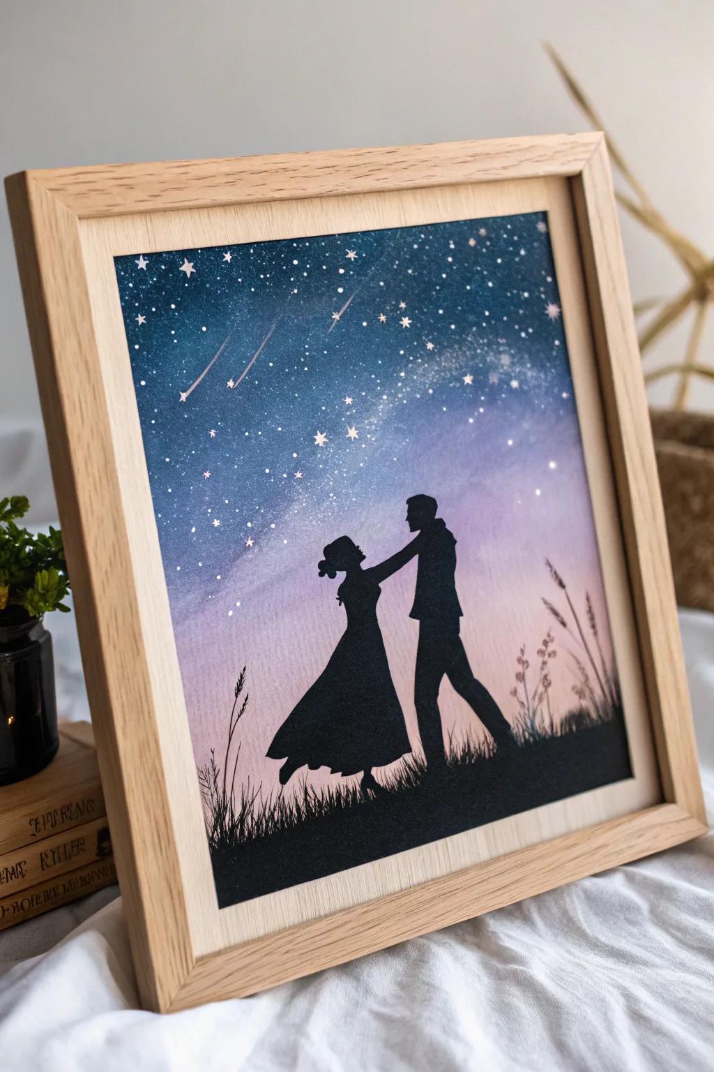Dance under the stars: A minimalist silhouette painting capturing timeless romance.