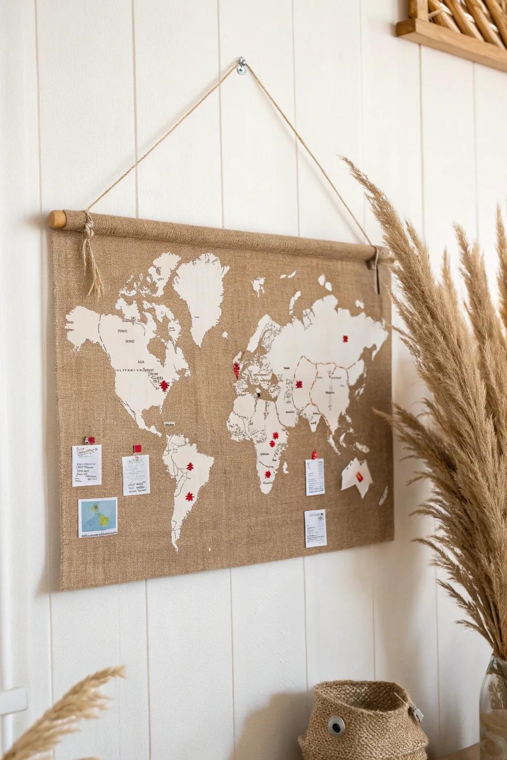 Chart your journeys with style and simplicity on this burlap travel map display.