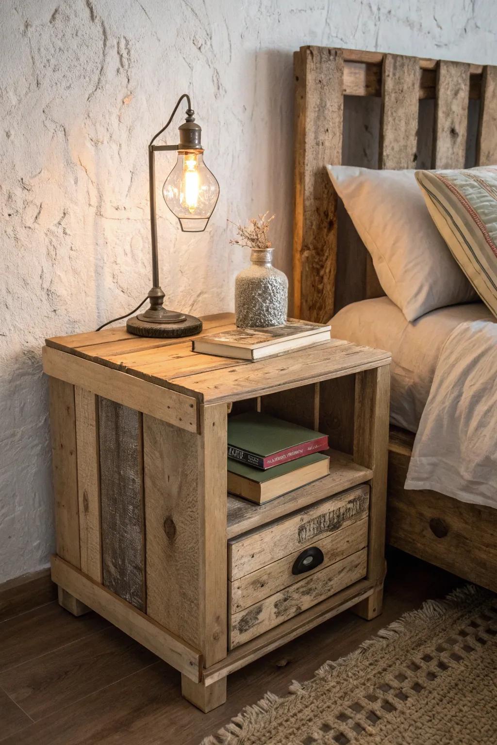 Eco-friendly elegance: Craft your own reclaimed pallet nightstand for a rustic touch in your bedroom.