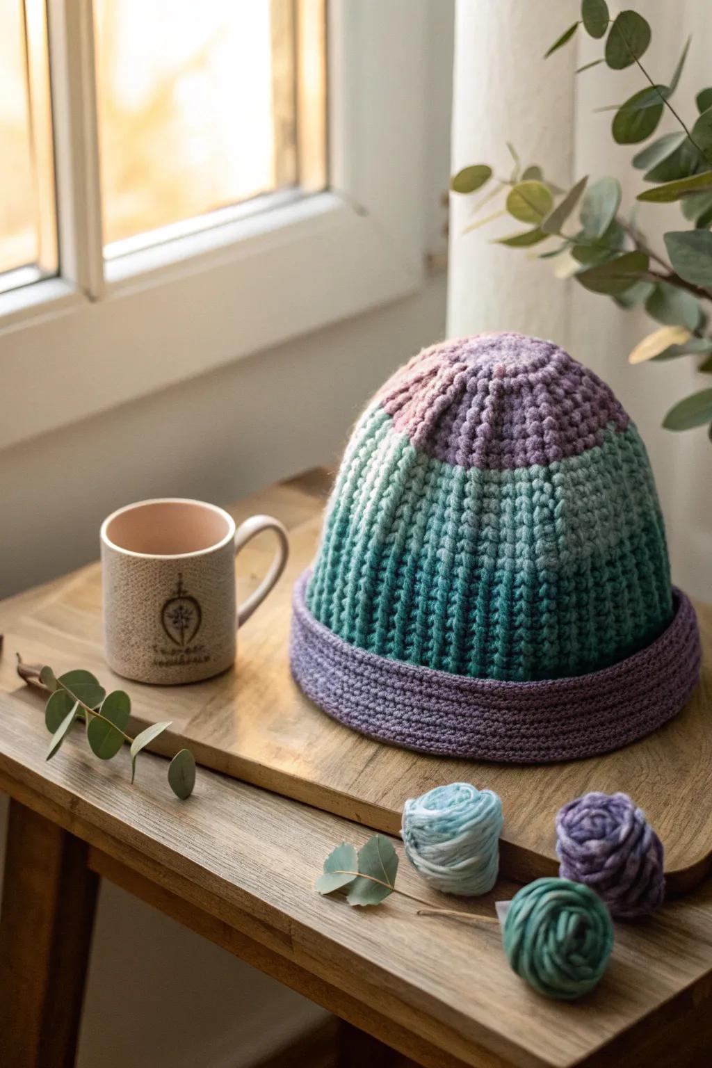 Embrace the art of color with this gradient crochet hat, where craftsmanship meets natural beauty.