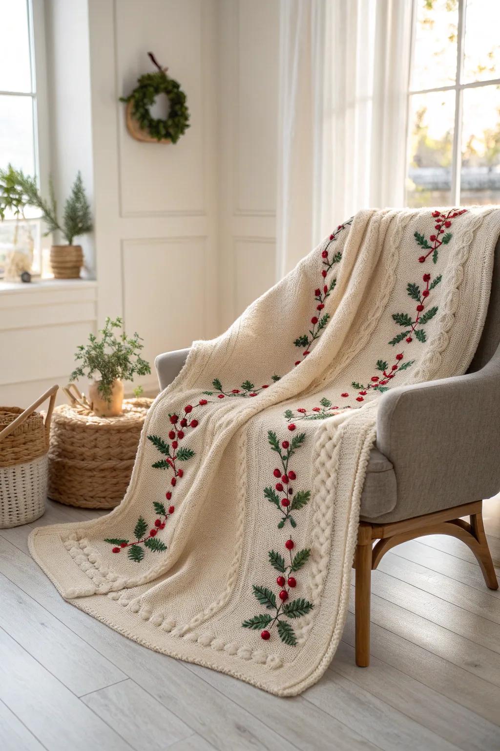 Embrace understated holiday elegance with a chic crochet blanket adorned with holly and ivy, perfect for a minimalist decor.