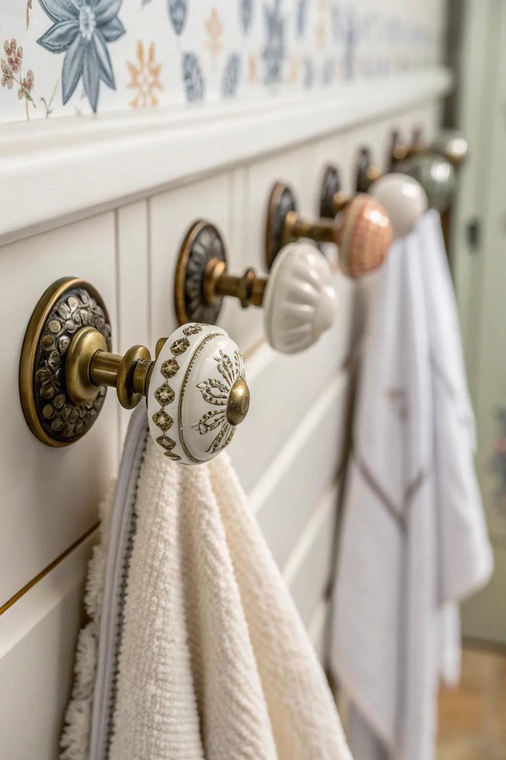 Transform your bathroom with charming vintage doorknob hooks for a unique touch of elegance.