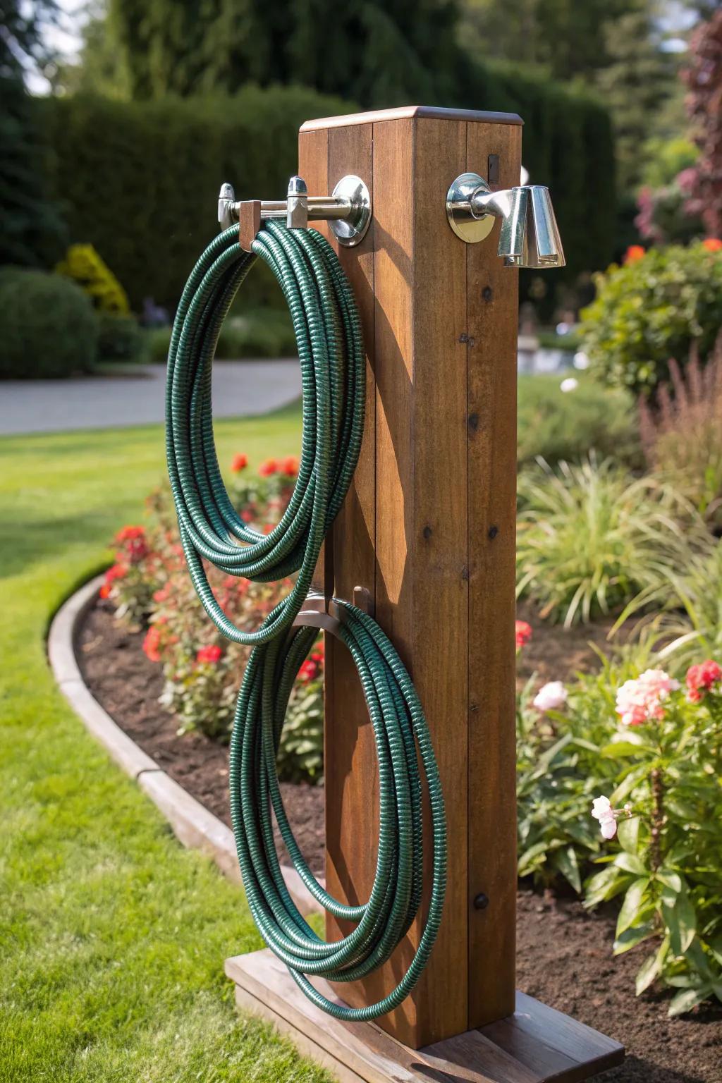 Elevate your garden aesthetic with a dual hose holder that marries functionality with craftsmanship.