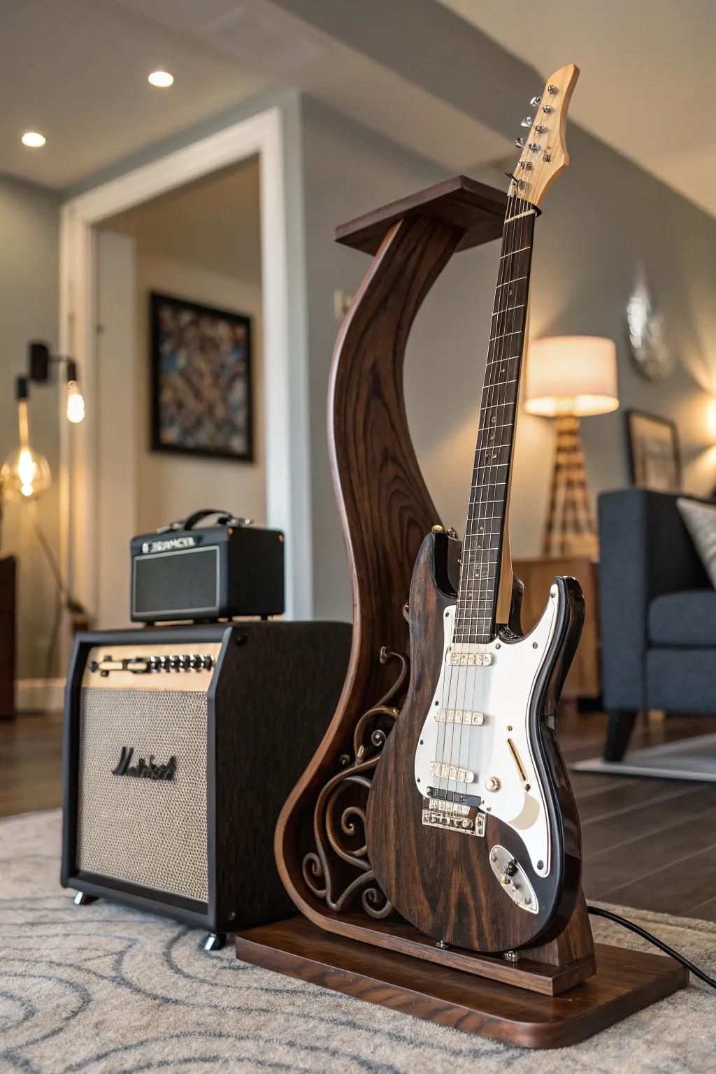 Elevate your space with this artistic sculptural guitar and amp stand, where craftsmanship meets elegance.