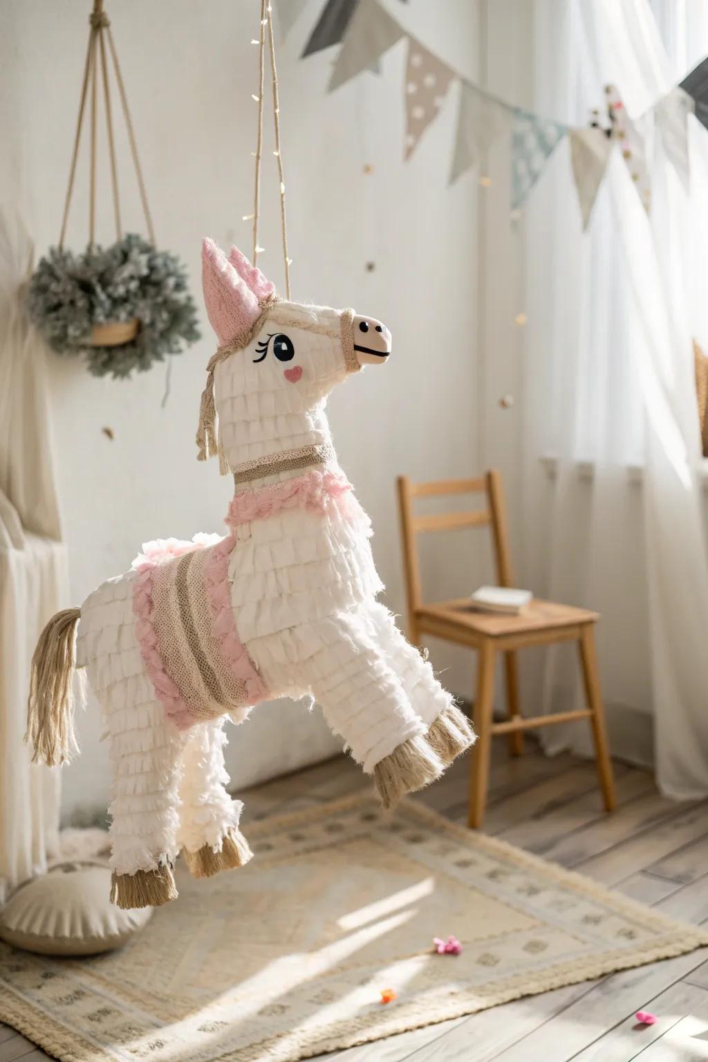 Whimsical Elegance: Embrace the charm of a handcrafted llama piñata, where simplicity meets artistry.
