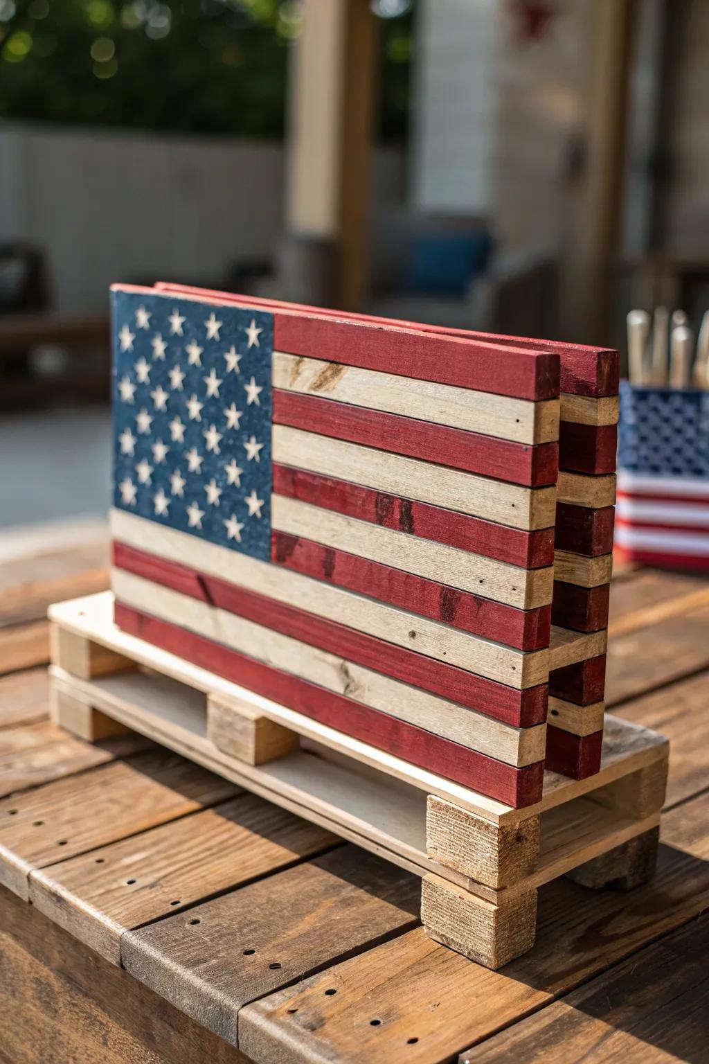 Celebrate craftsmanship with this charming tabletop pallet flag, perfect for adding a touch of patriotism to any space.