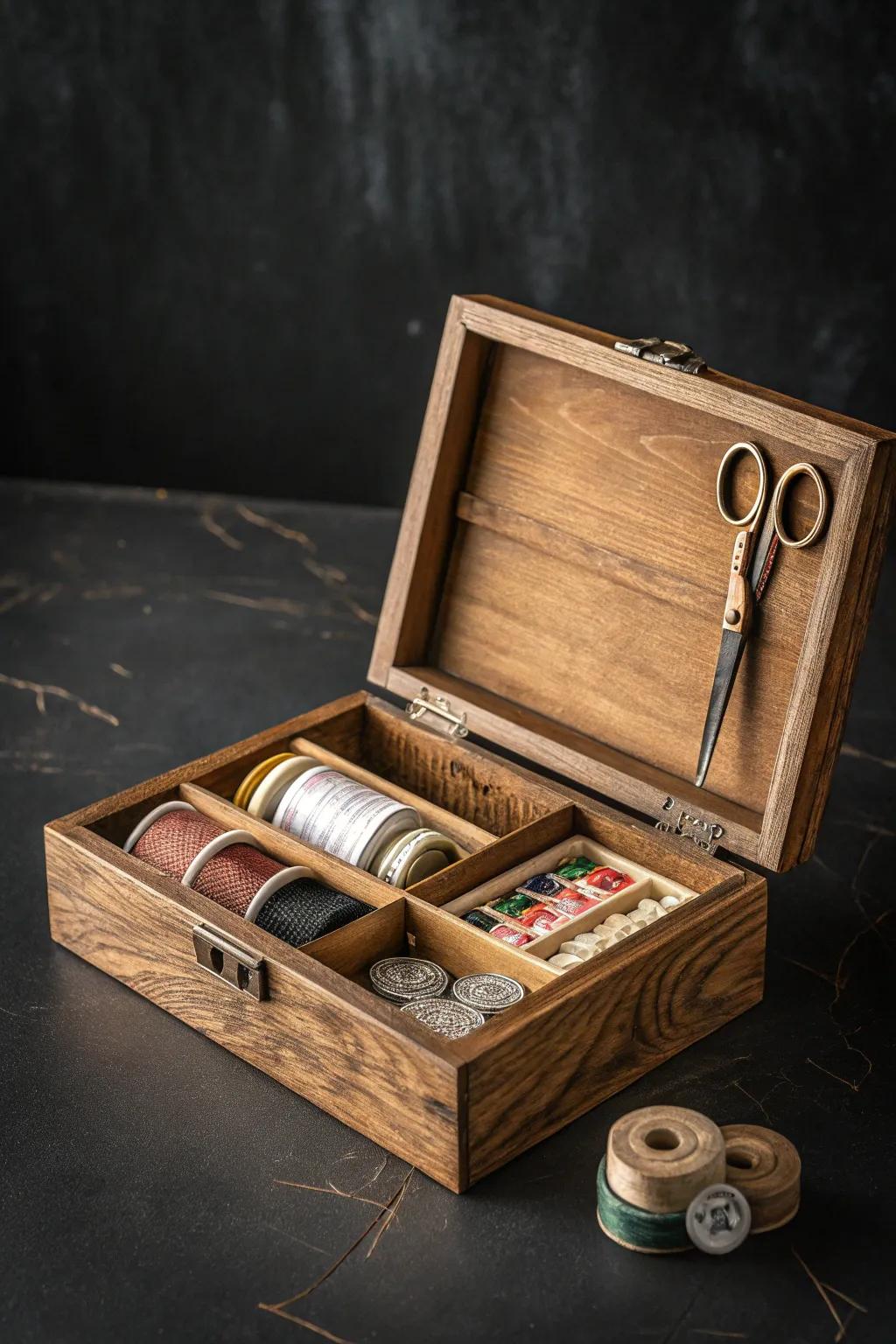Elevate your crafting space with this repurposed cigar box organizer—where style meets functionality.
