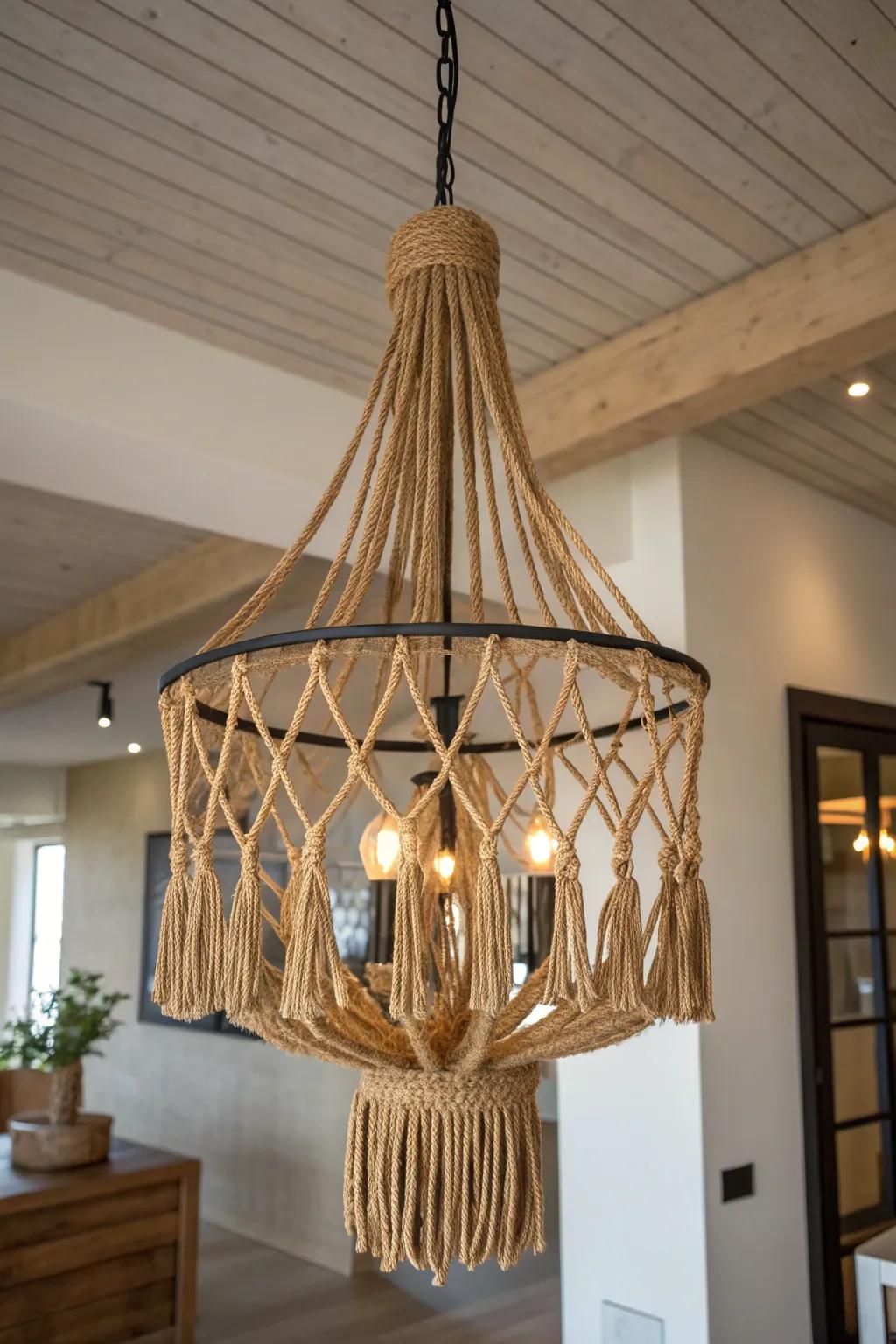 Elevate your space with the rustic elegance of a handcrafted rope chandelier.