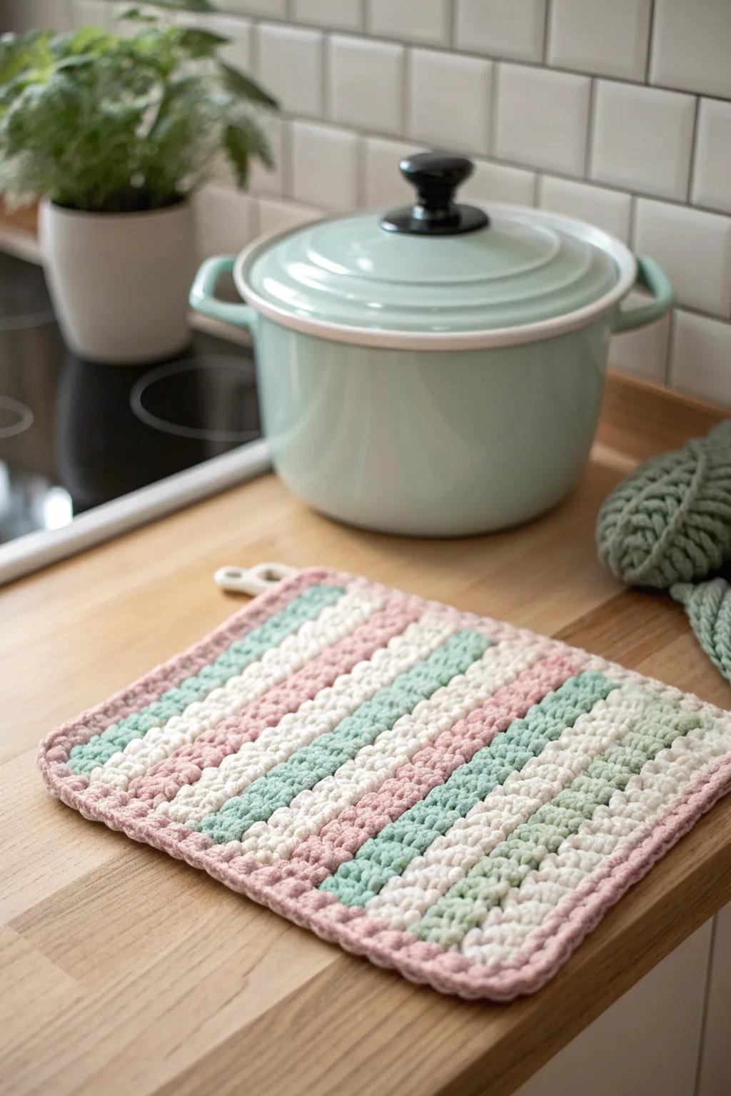 Brighten your kitchen with these charming striped pot holders – a perfect blend of creativity and function.