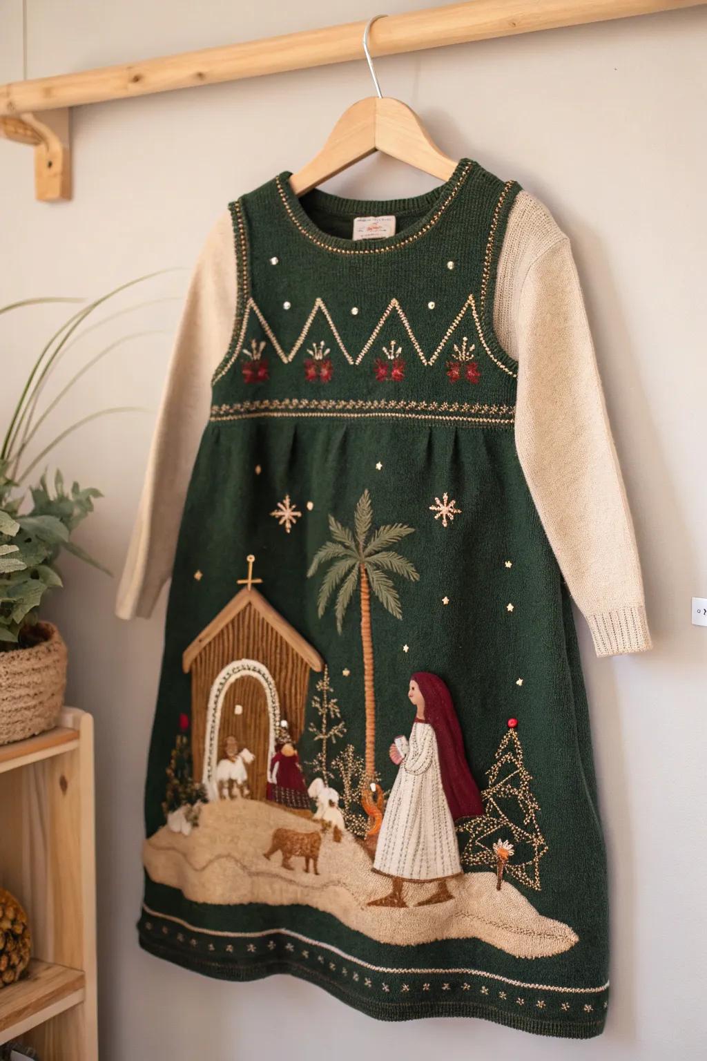 Celebrate the holidays in style with a traditional twist: a nativity scene sweater dress that’s both charming and chic.