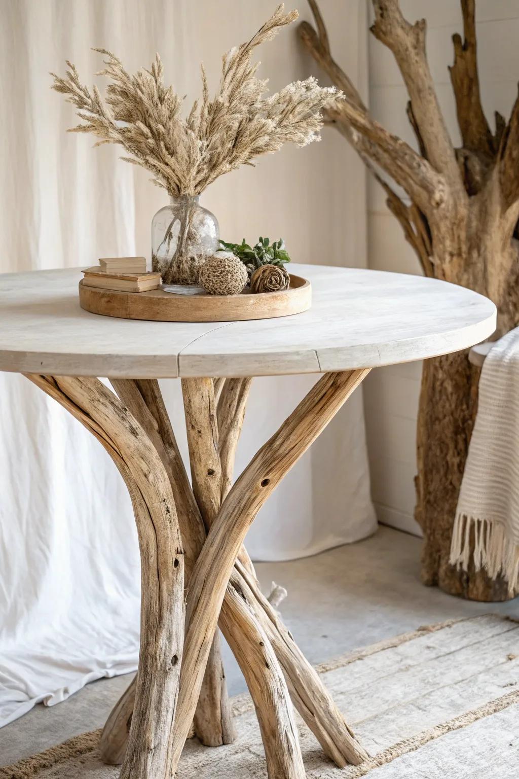 Add a touch of coastal whimsy with driftwood legs that tell a story of nature's artistry.