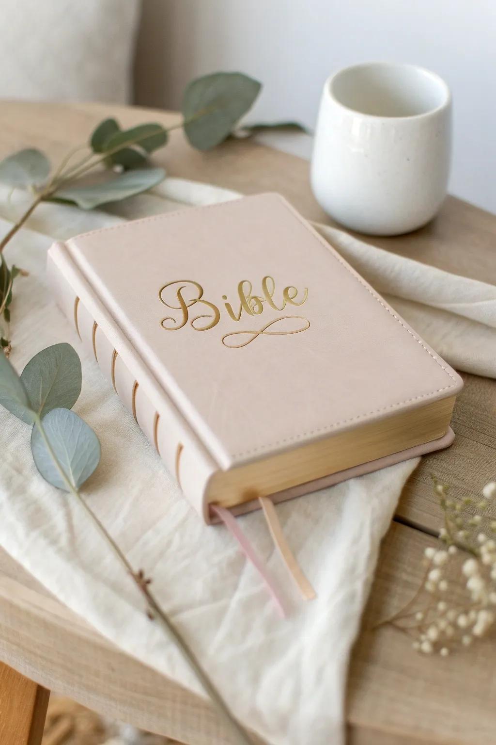 Make your Bible truly yours with an elegant golden monogram that speaks to simplicity and personal elegance.
