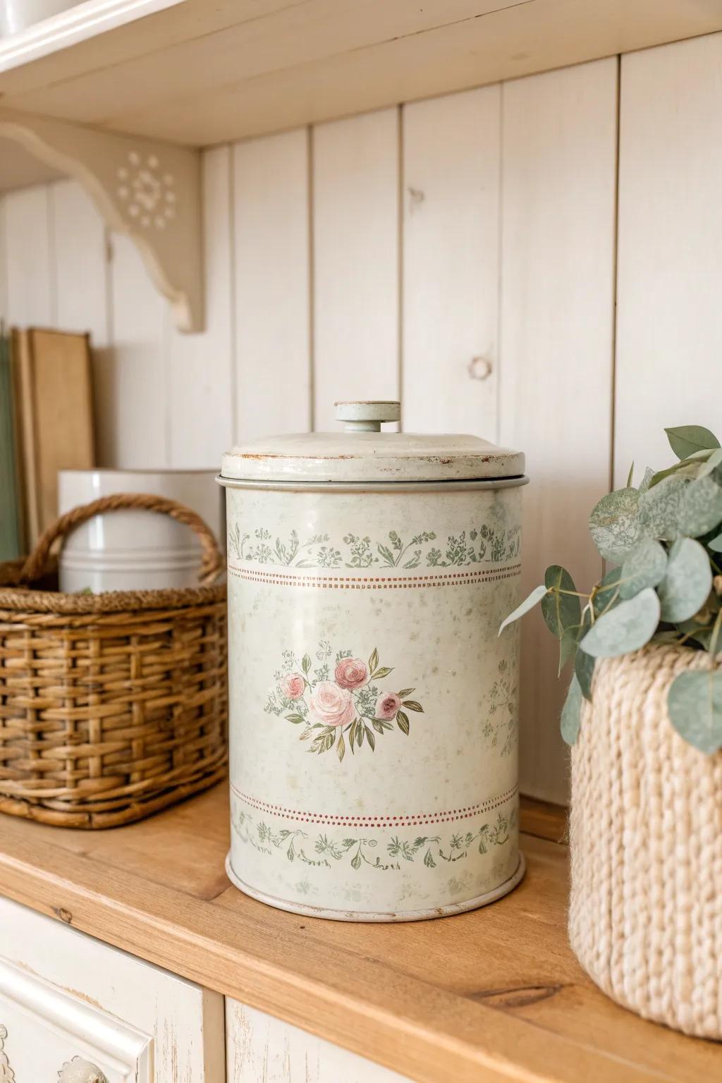 Elevate your pantry with a touch of nostalgia: a vintage tin canister brings charm and elegance to minimalist spaces.