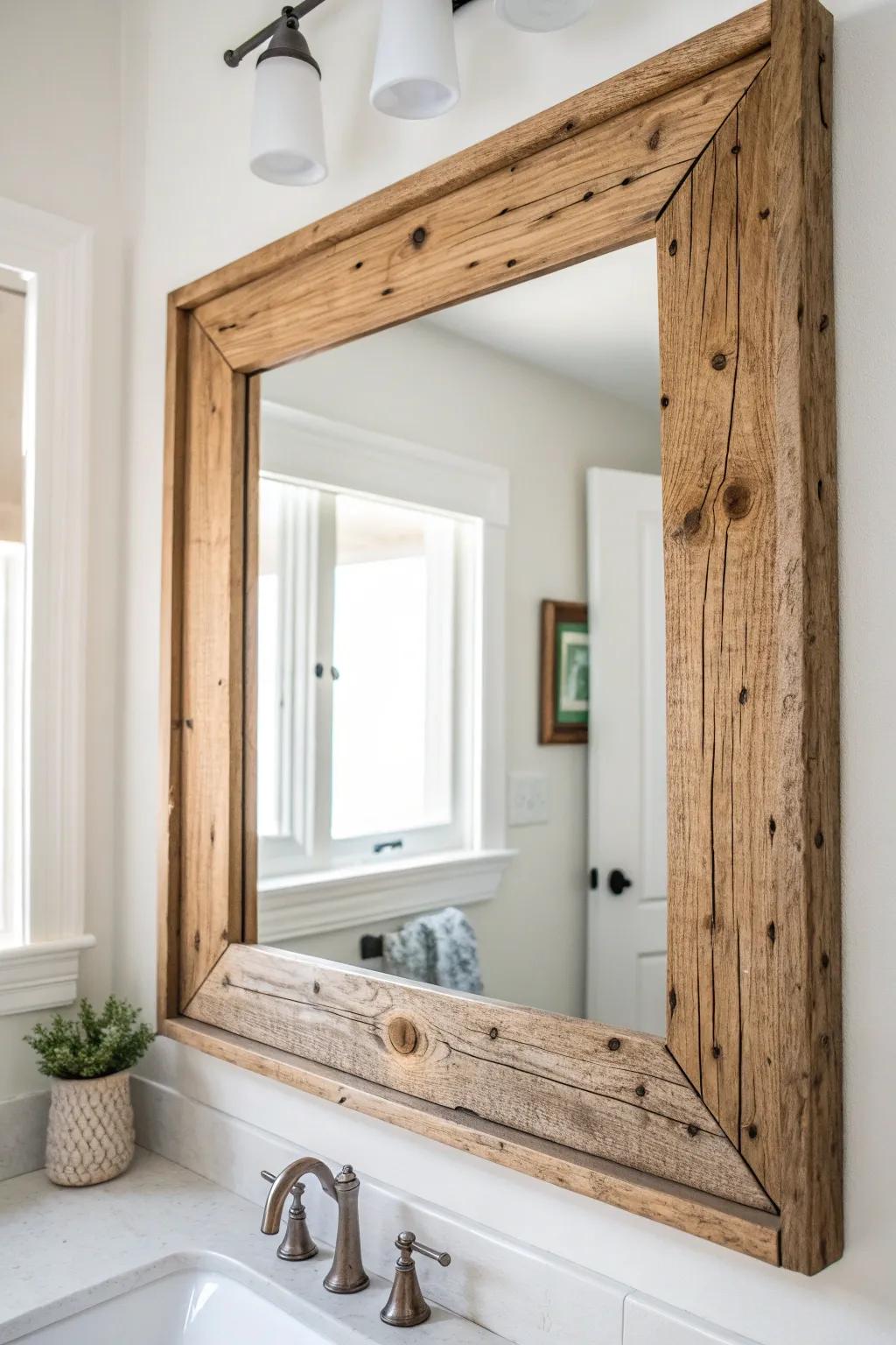 Transform your bathroom with a touch of rustic charm using a DIY reclaimed wood mirror frame!