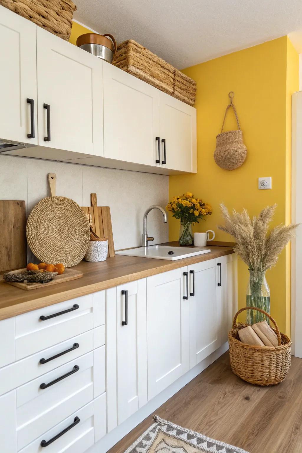 Transform your kitchenette with a vibrant splash of yellow for a cheerful, uplifting atmosphere.
