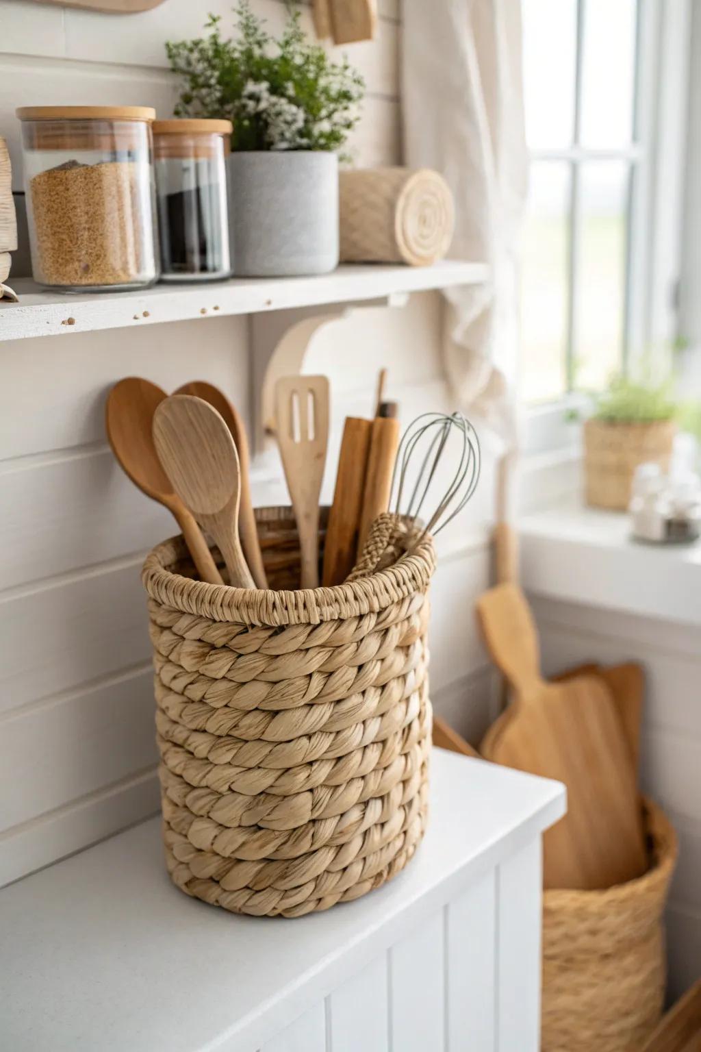 Elevate your kitchen with boho charm: a woven basket for your essential utensils.