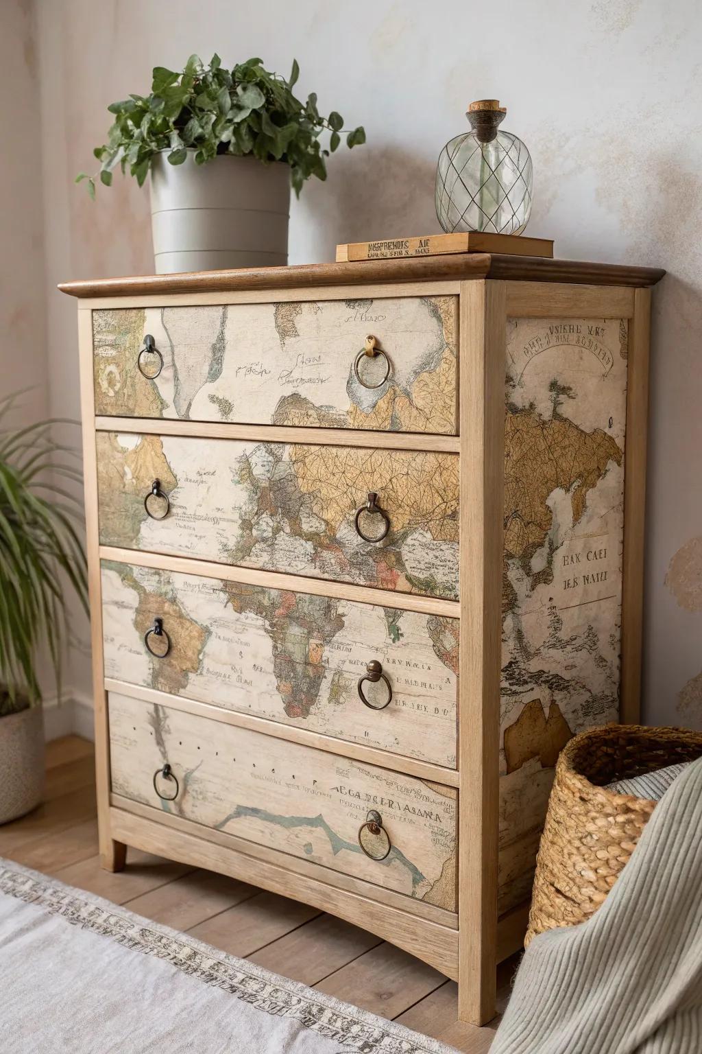 Transform your space with wanderlust flair: a vintage map-adorned dresser that speaks to your inner explorer.