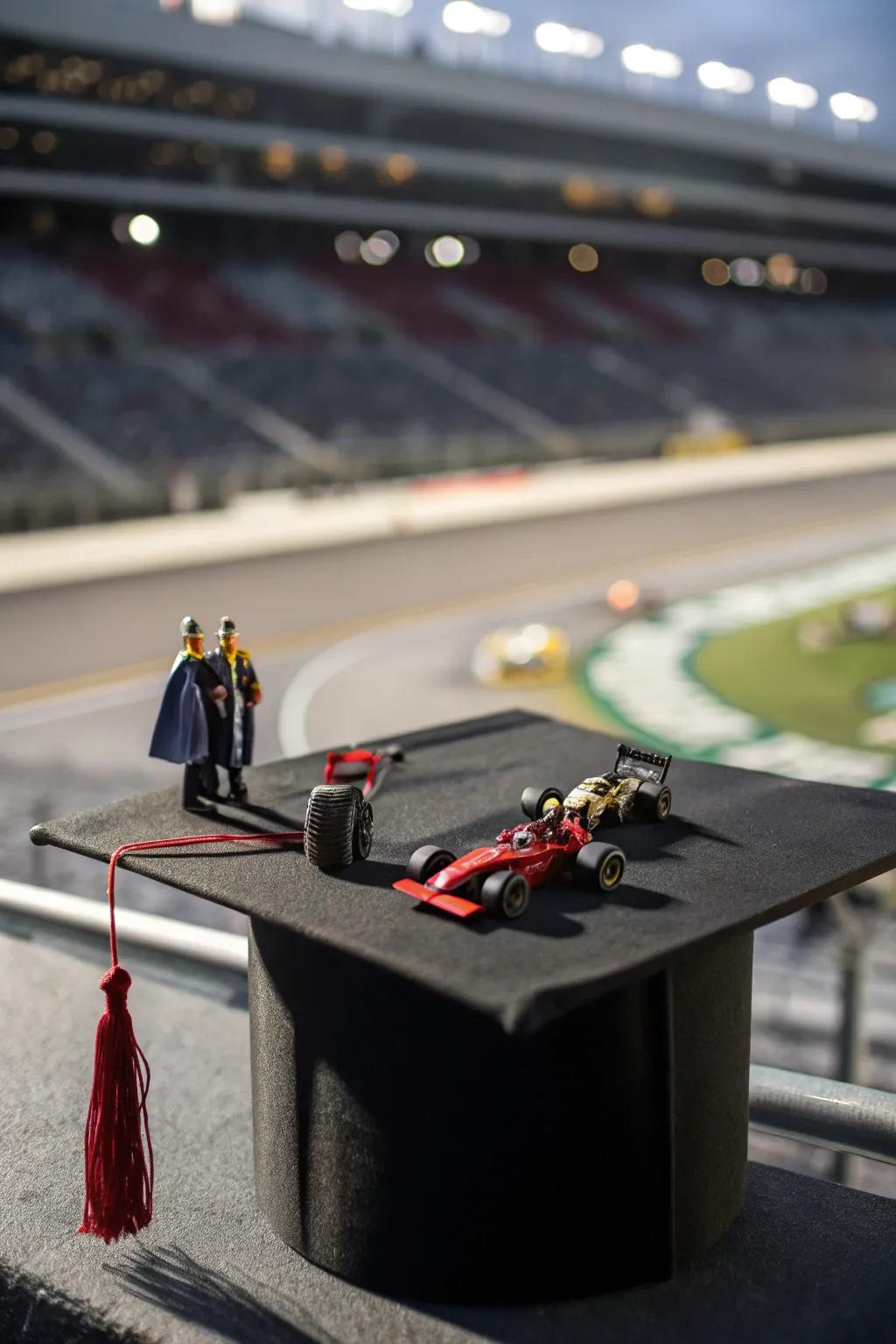 Shift gears into the future with a pit stop-themed graduation cap, perfect for car enthusiasts ready to race ahead!