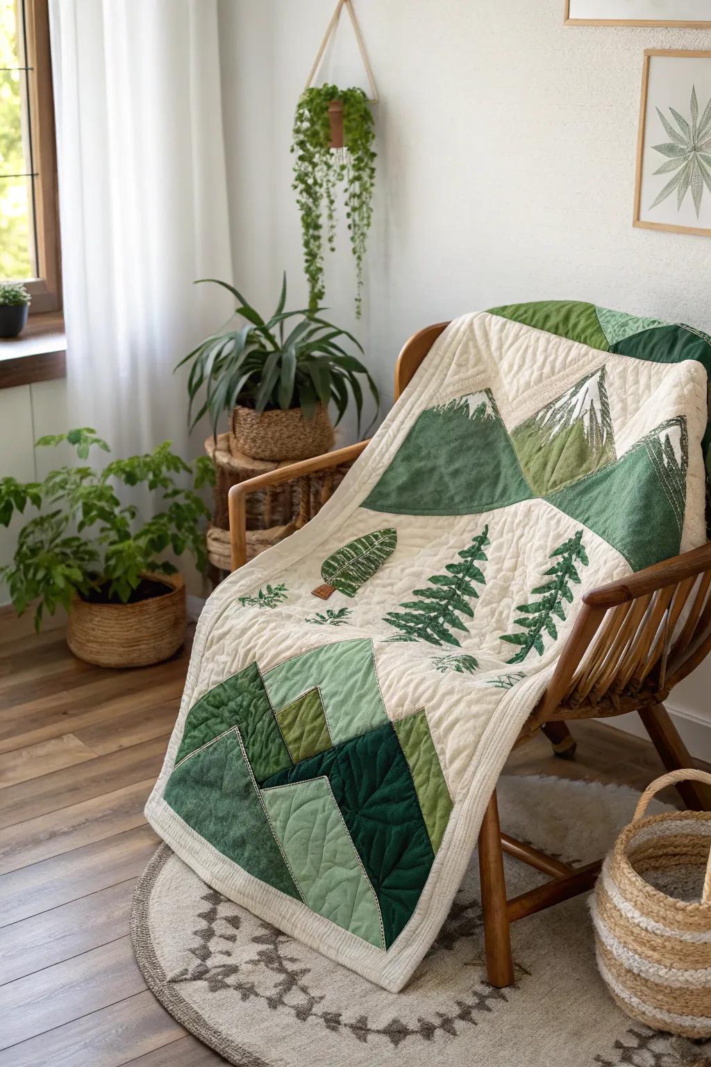 Embrace the rugged elegance of Scrappy Mountains with this stunning green quilt, a tribute to nature's breathtaking beauty.