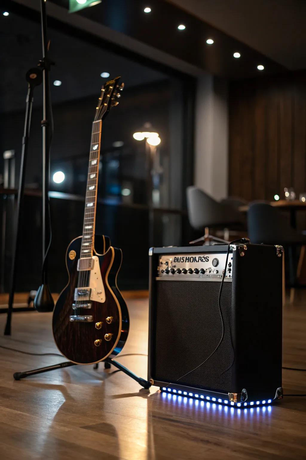 Illuminate your music space with a touch of style – LED-lit guitar stands for the perfect evening vibe.