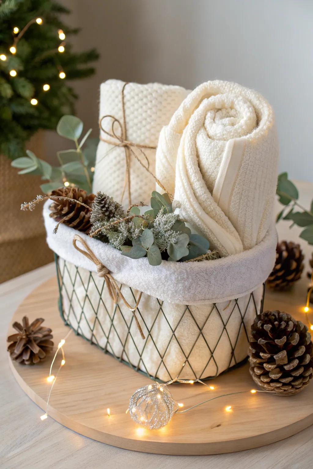 Embrace warmth and simplicity with a cozy fleece-wrapped gift basket. Perfect for a winter surprise!