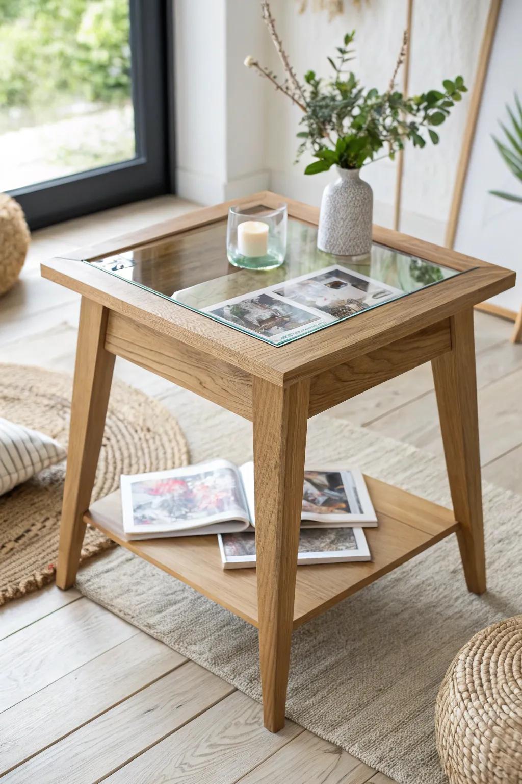 Transform your space with a side table that tells your story through embedded photo prints.