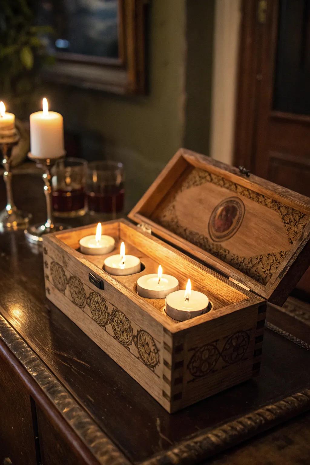 Illuminate your space with rustic charm: a repurposed cigar box candle holder.