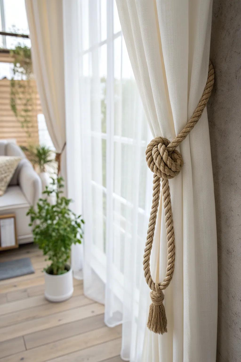Elevate your space with the simple elegance of rope curtain tiebacks.
