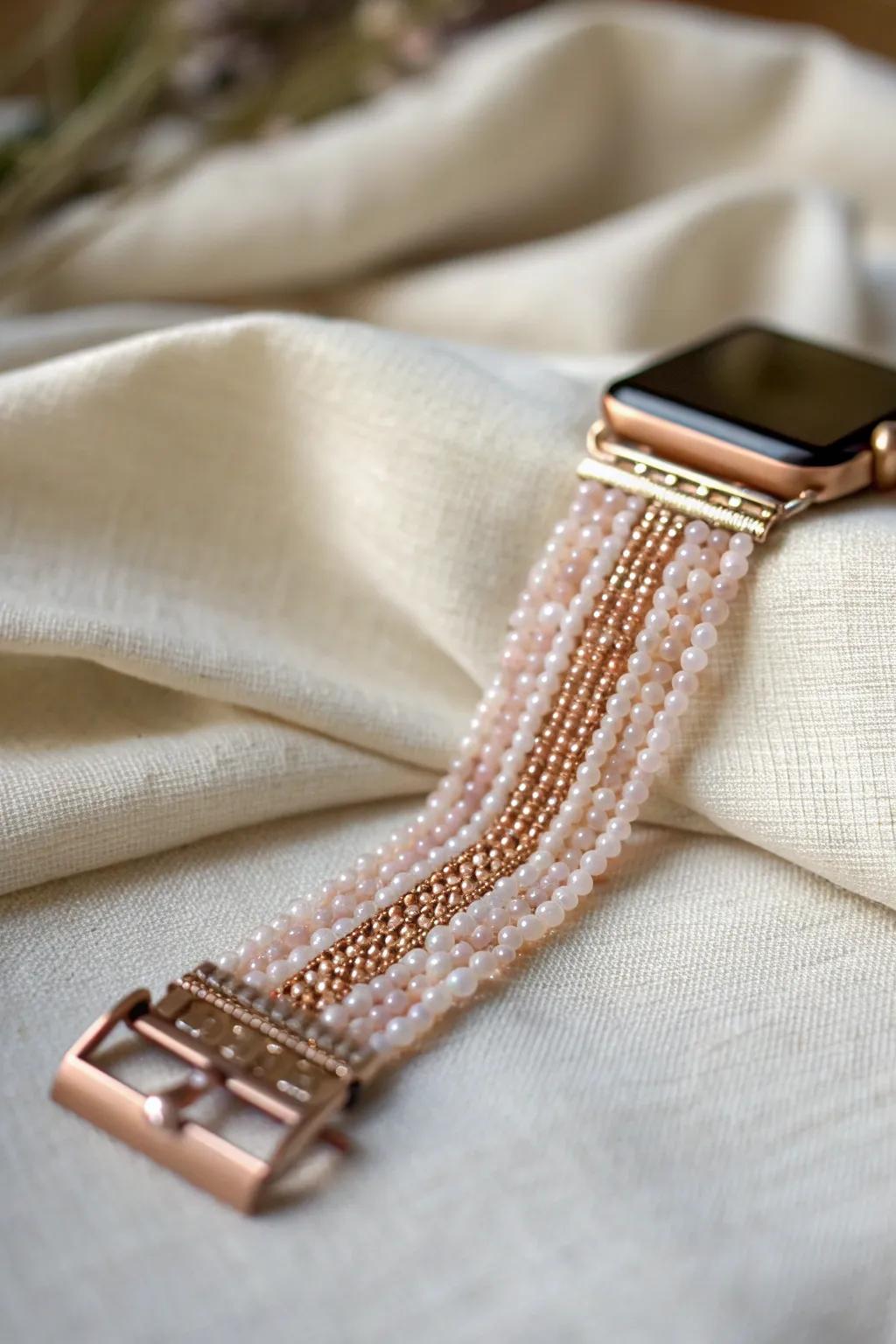 Elevate your style with this chic copper and light pink watchband, perfect for a modern brunch look.