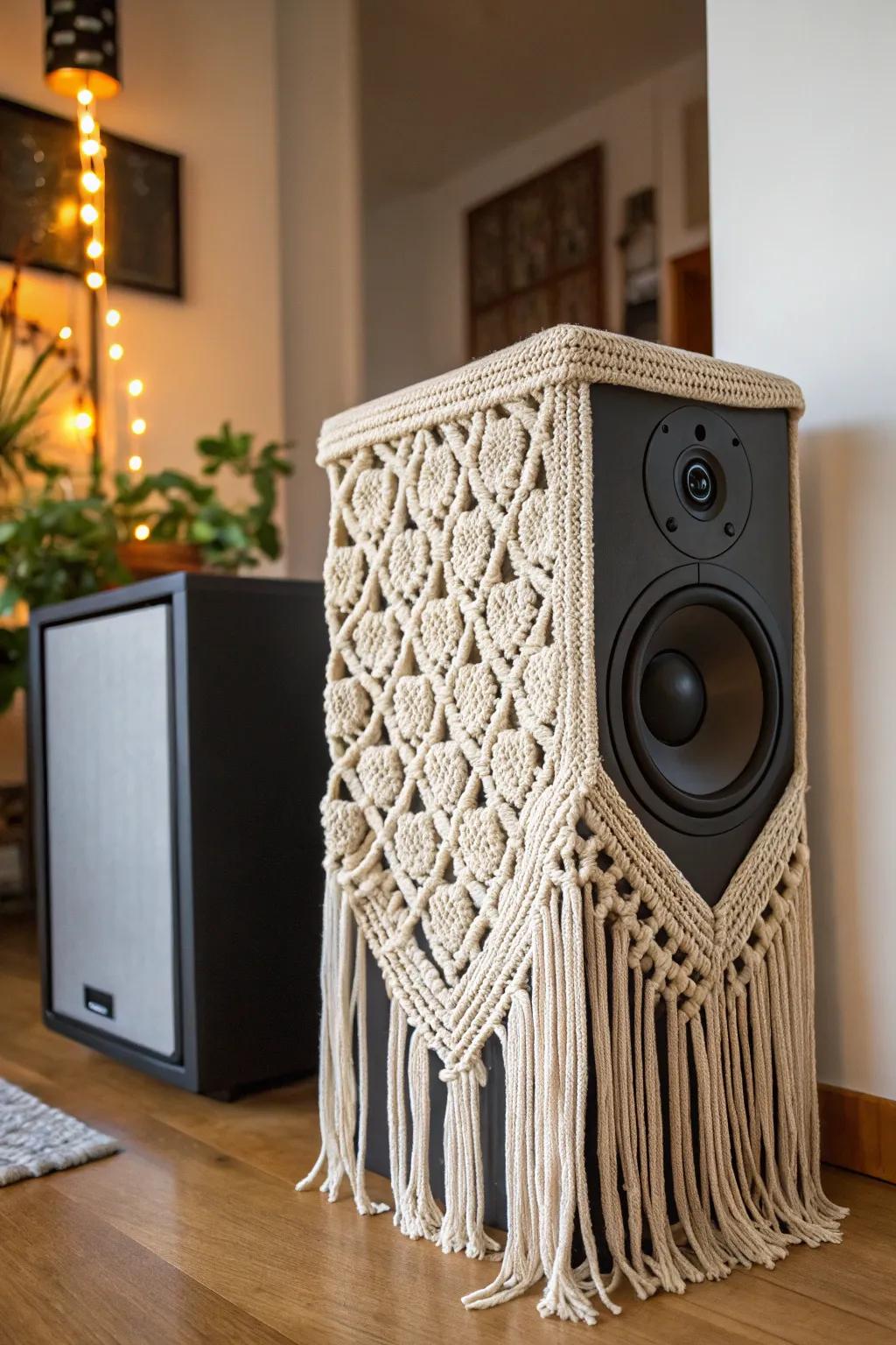 Transform your speakers with the boho-chic allure of macramé magic.