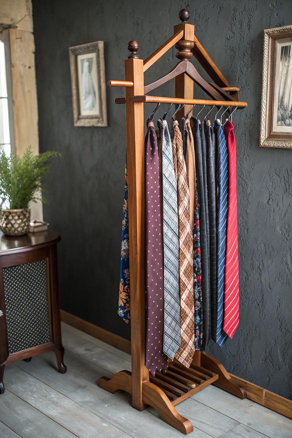 Transform style with a touch of elegance: Repurposed coat rack tie display.