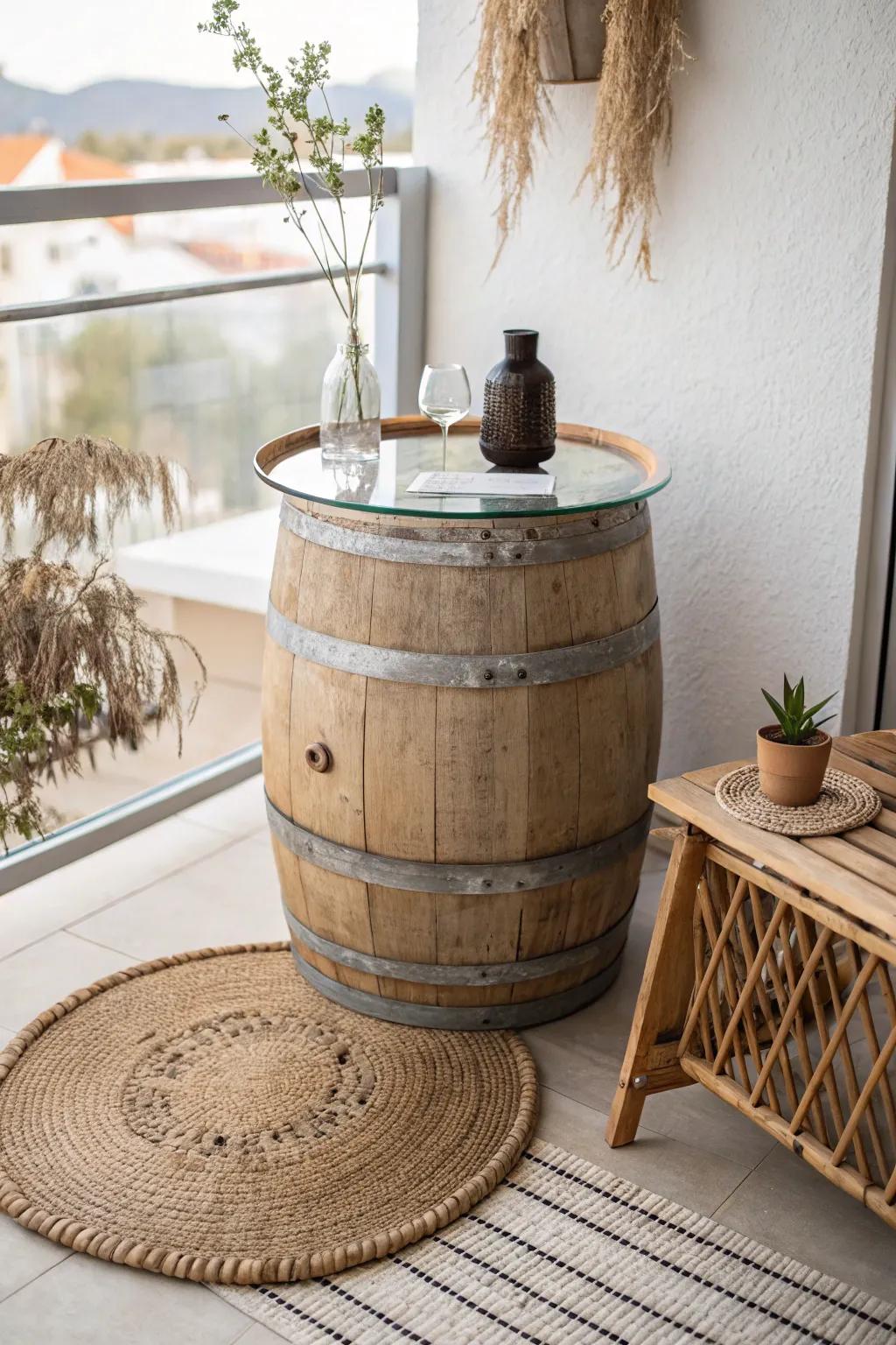 Transform rustic into chic with this upcycled wine barrel table, perfect for a minimalist balcony retreat.