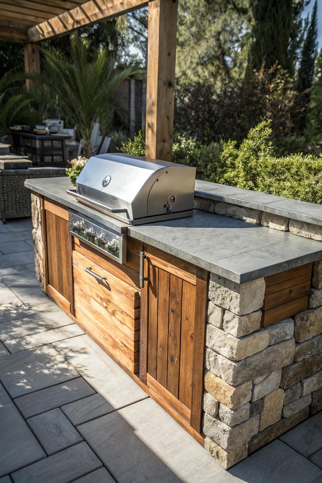Elevate your outdoor cooking with this stunning stone and wood grill station.