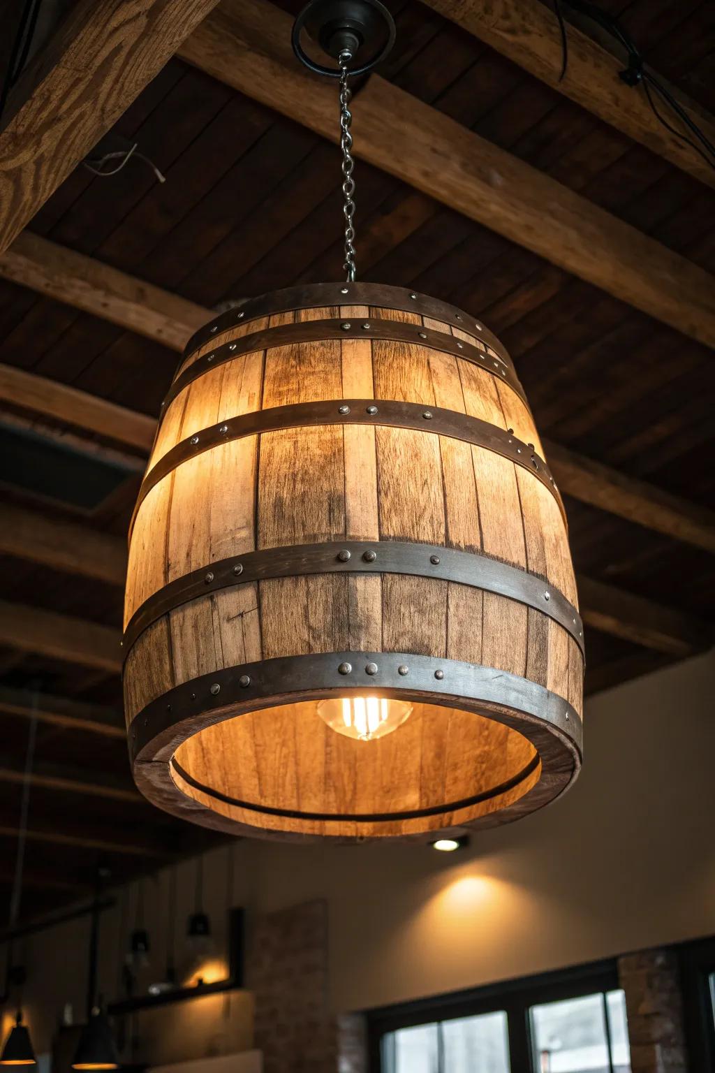 Illuminate your space with rustic charm: A wooden barrel light fixture that captivates with its magical glow.