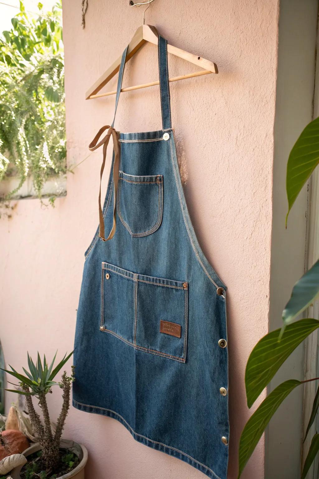Embrace sustainability with style: This eco-friendly apron, crafted from recycled denim, adds a chic touch to your kitchen adventures.