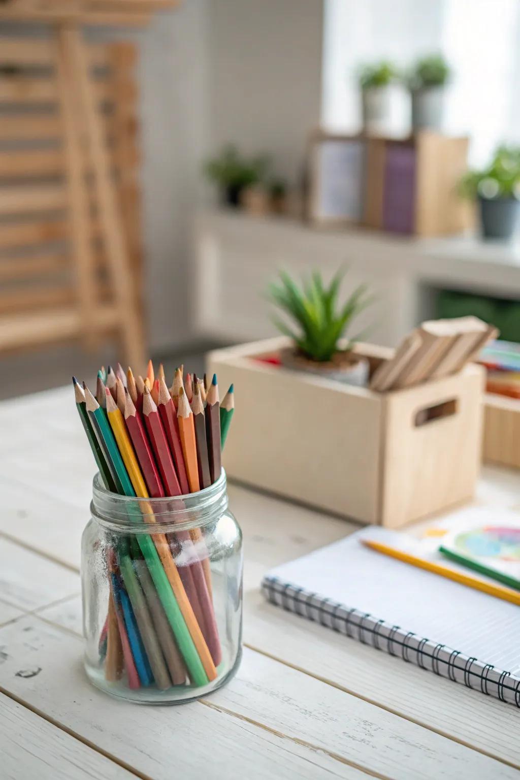 Transform your coloring station with eco-friendly elegance using recycled treasures.