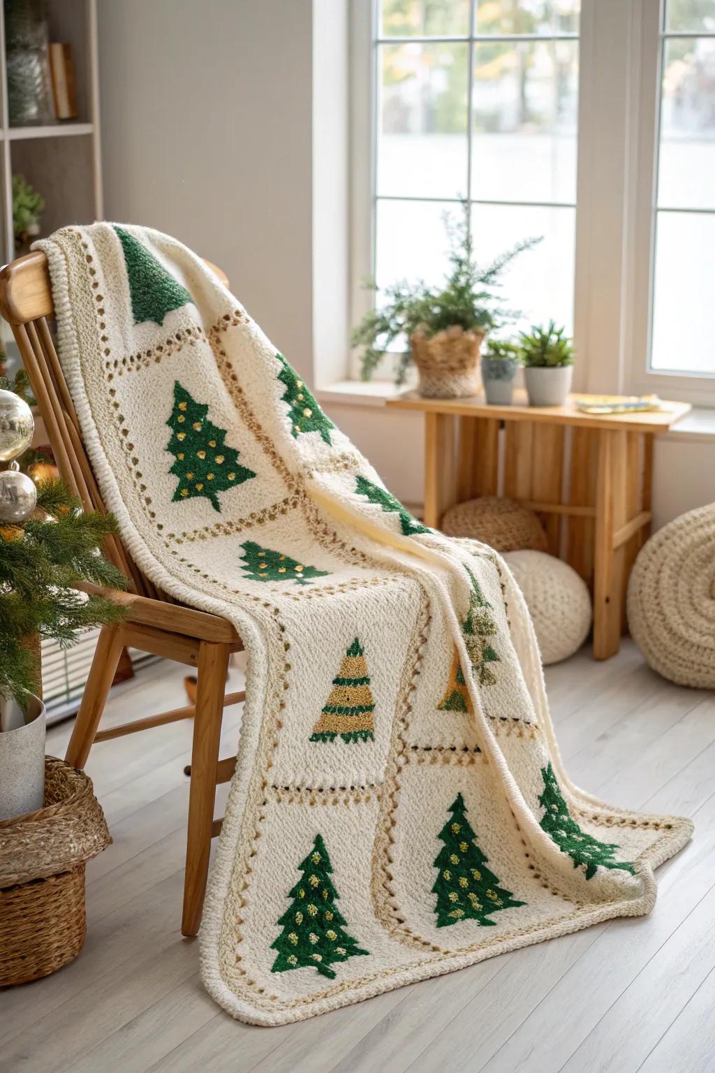 Add a touch of festive charm to your home with this beautifully crafted crochet blanket, featuring delicate Christmas tree motifs. Perfect for cozying up in minimalist style.