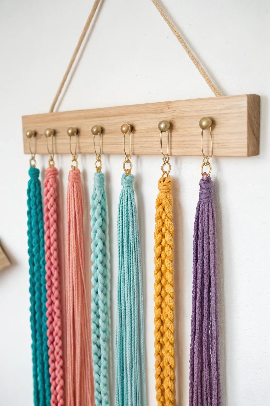 Add a splash of color and organization to your space with this charming DIY yarn strand hair clip holder!