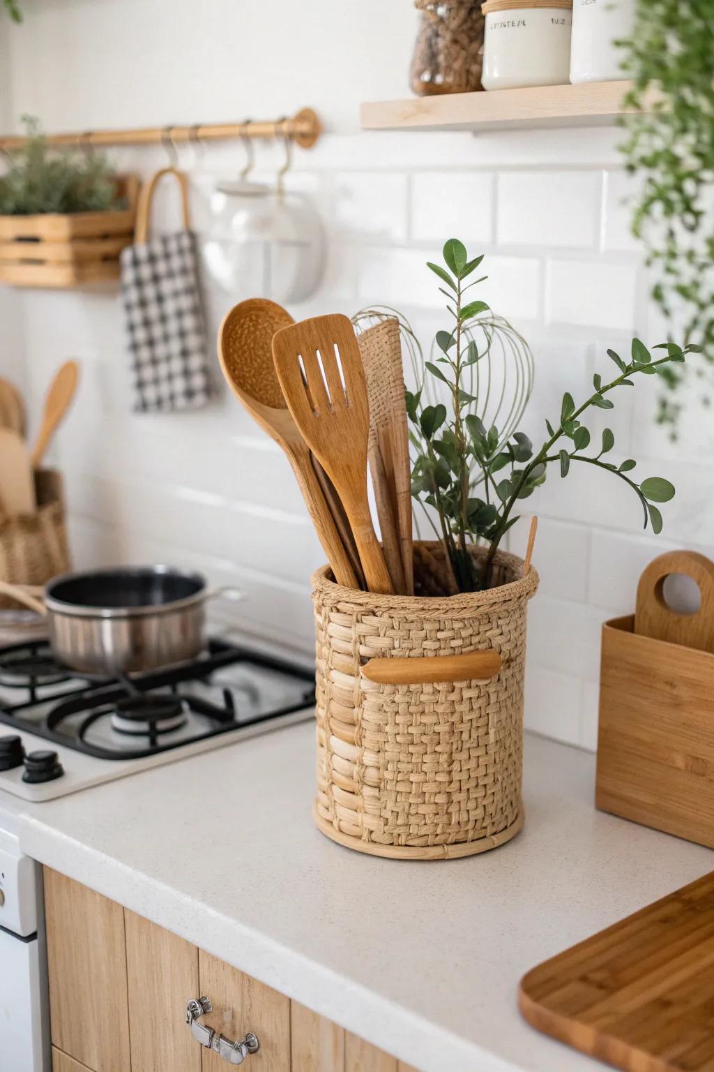 Transform your kitchen with a touch of boho elegance using repurposed plant holders for utensil organization. Simple, natural, and stunning!