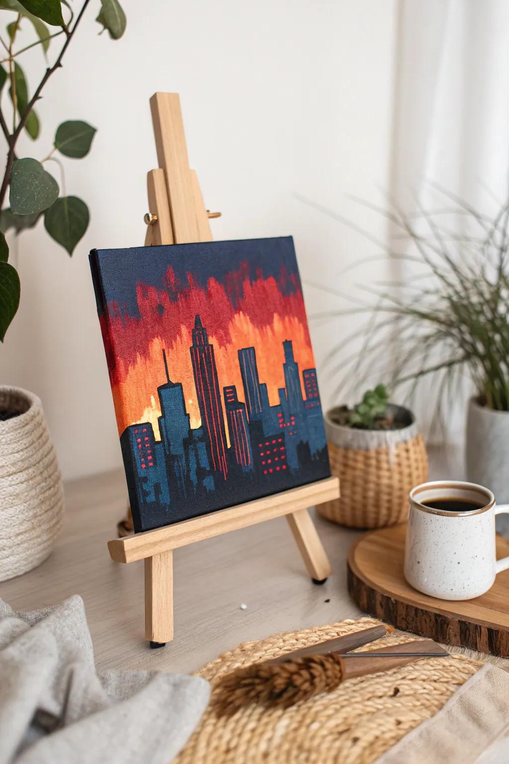 Bring the urban energy home with this striking cityscape art piece, where minimalist design meets bold colors.