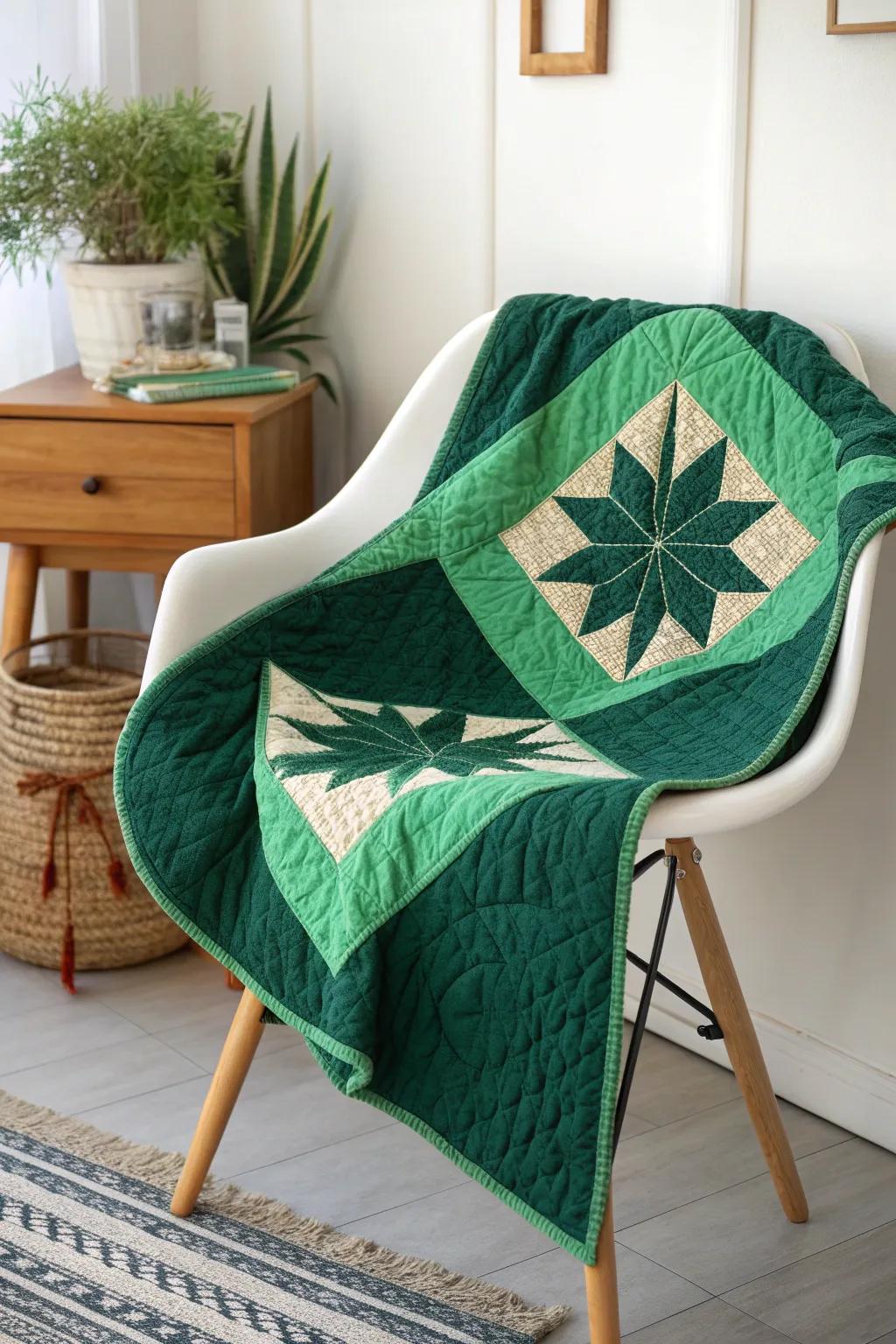Capture the cosmos with this starry green quilt, where craftsmanship meets celestial inspiration.