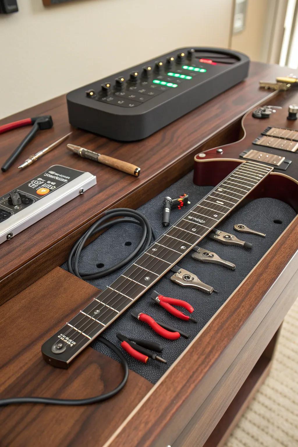 Elevate your guitar crafting space with a built-in power solution that blends seamlessly with artisanal design.
