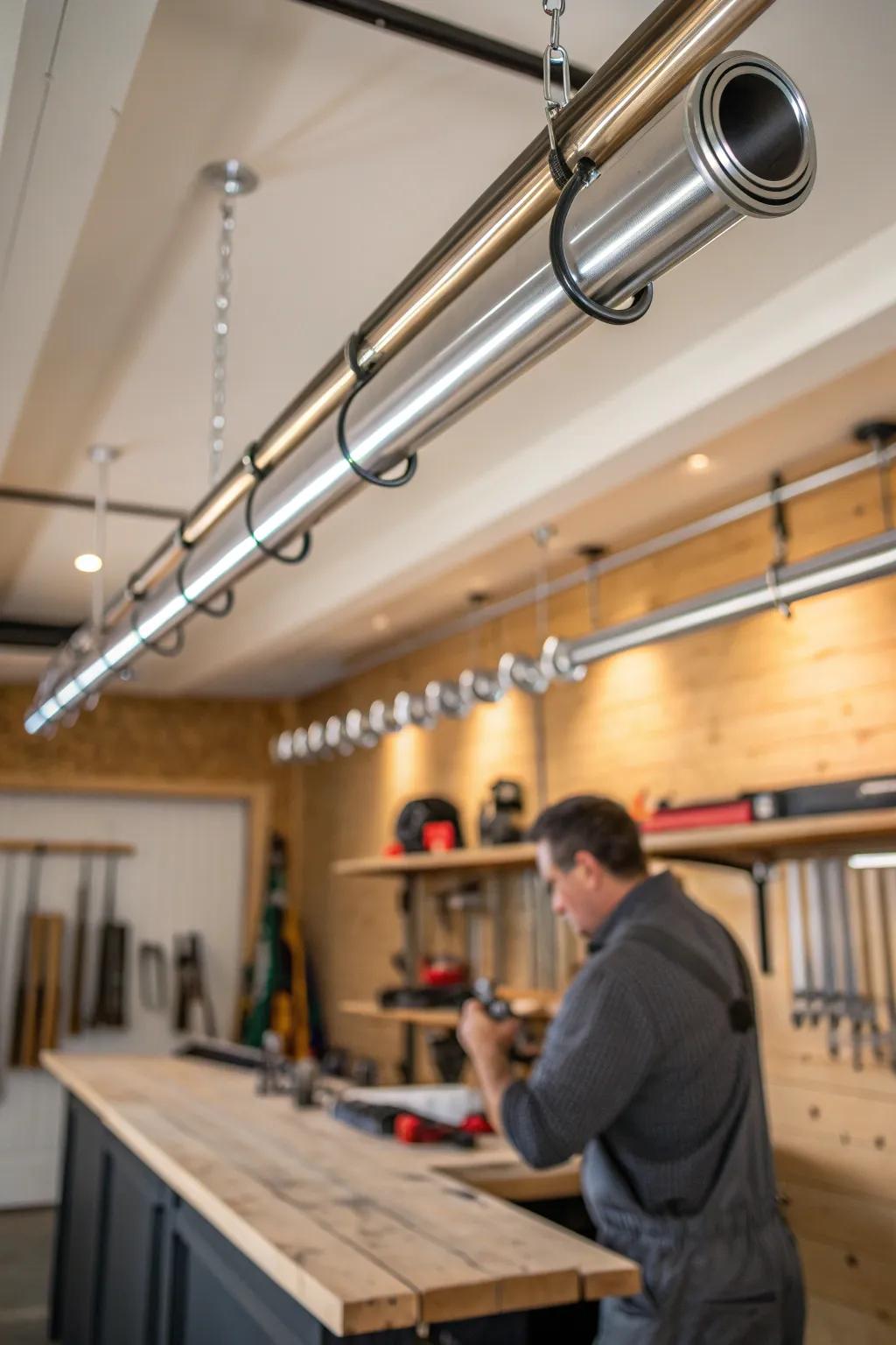 Elevate your workshop organization with stylish ceiling-mounted clamp storage. #Craftsmanship #WorkshopGoals