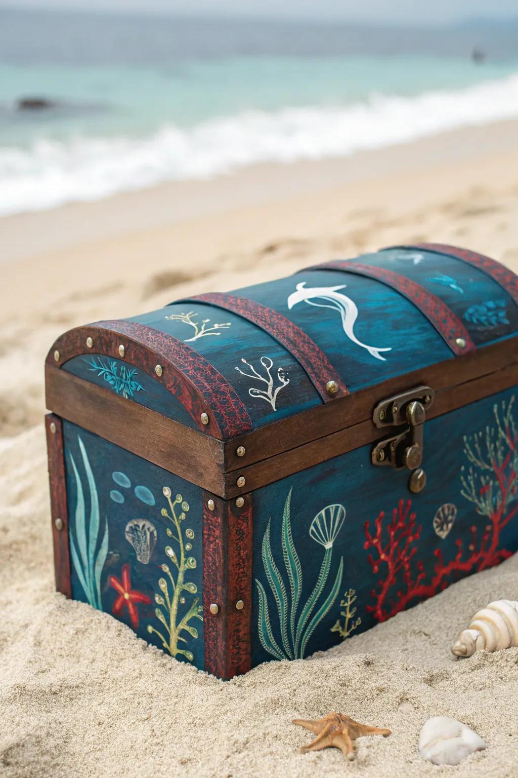 Dive into your own ocean adventure with this stunningly painted treasure chest. 🐬🌊✨