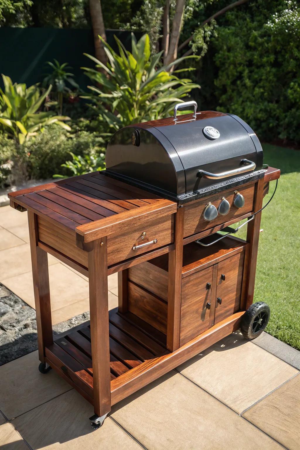 Elevate your outdoor cooking with a handcrafted wooden grill cart that combines style and mobility.