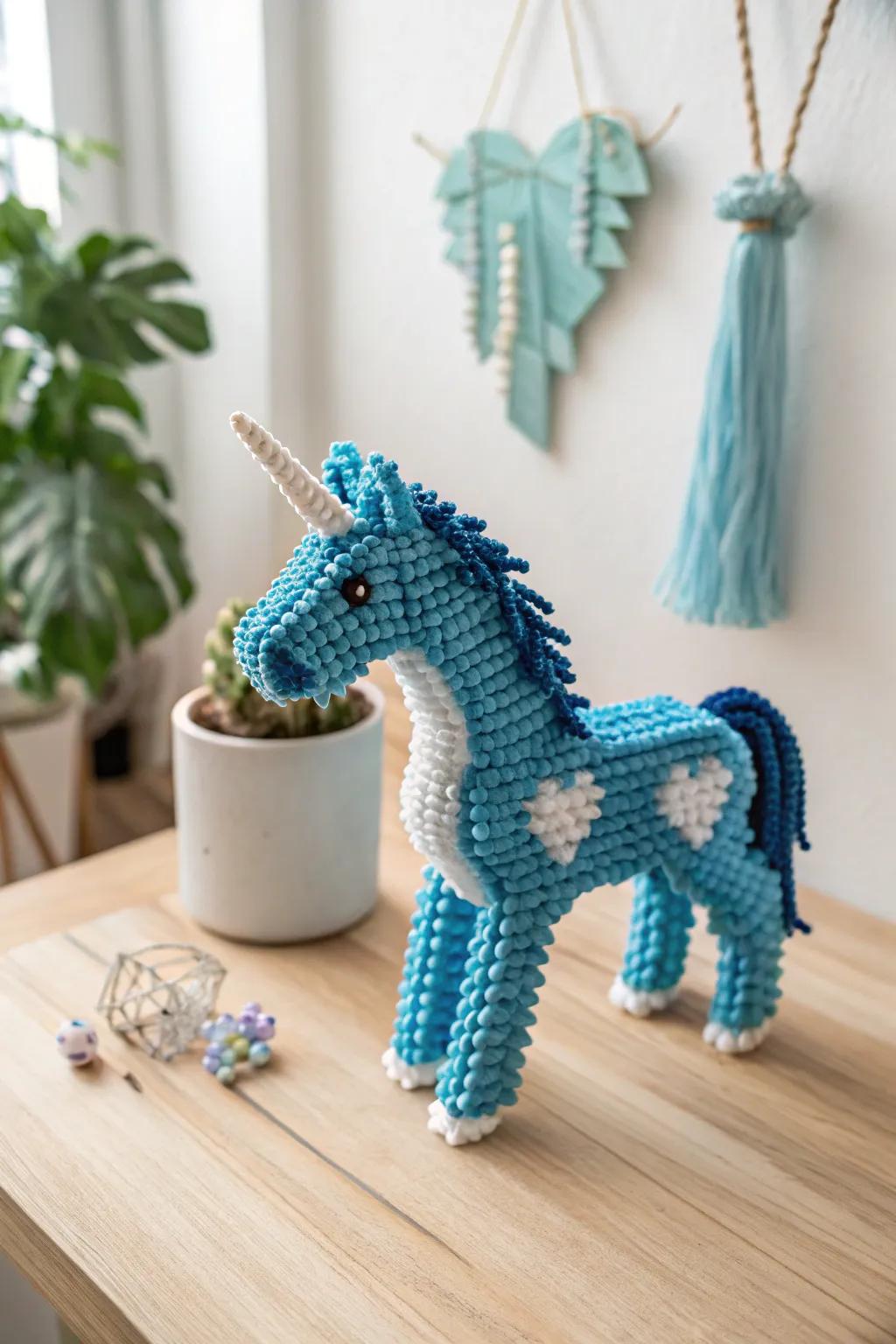 Add a touch of magic with this enchanting blue unicorn crafted from perler beads.