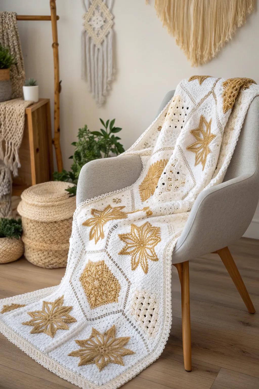 Add a touch of festive luxury to your home with golden accents in your crochet creations.
