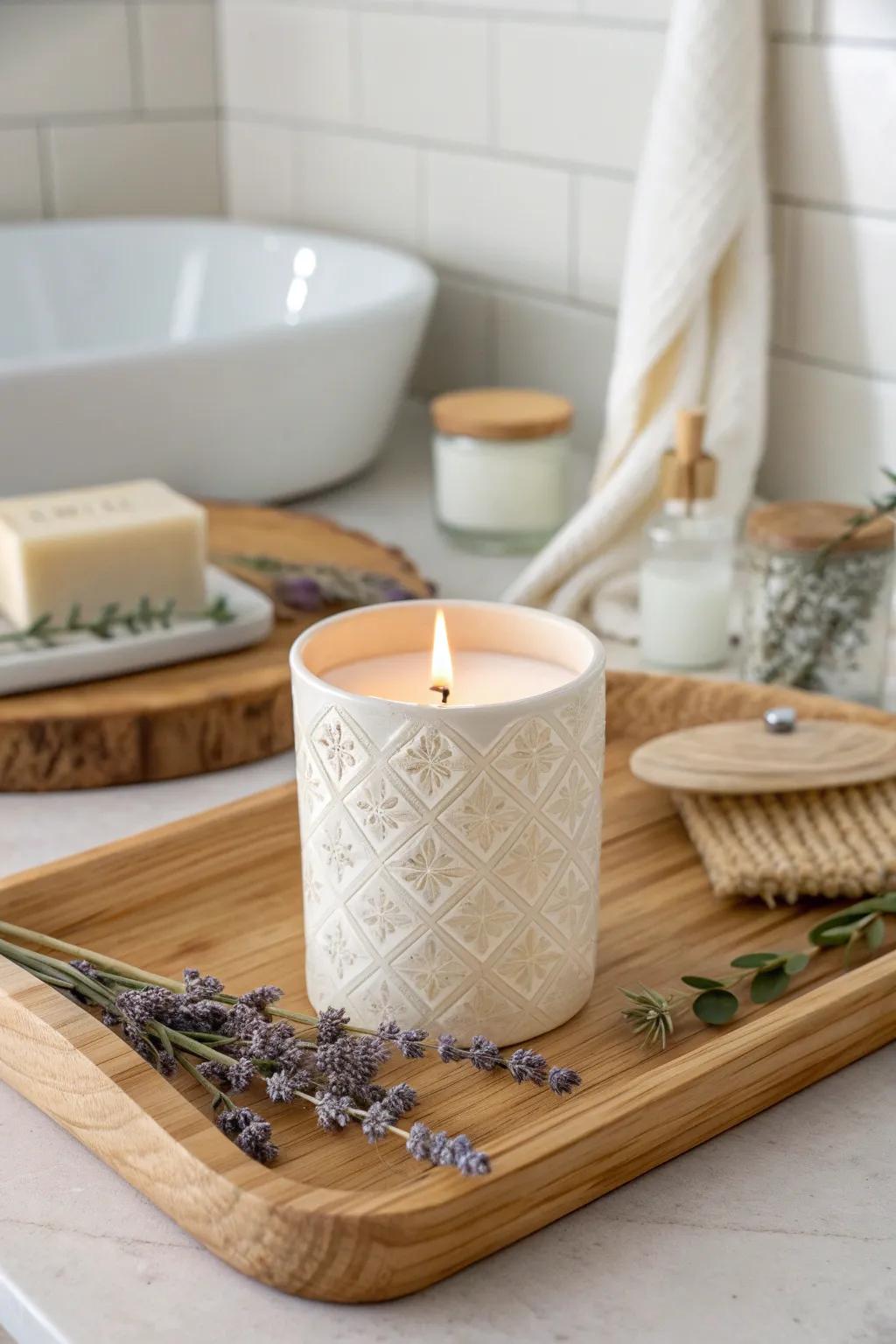 Transform your bathroom into a serene oasis with the simple elegance of a scented candle.